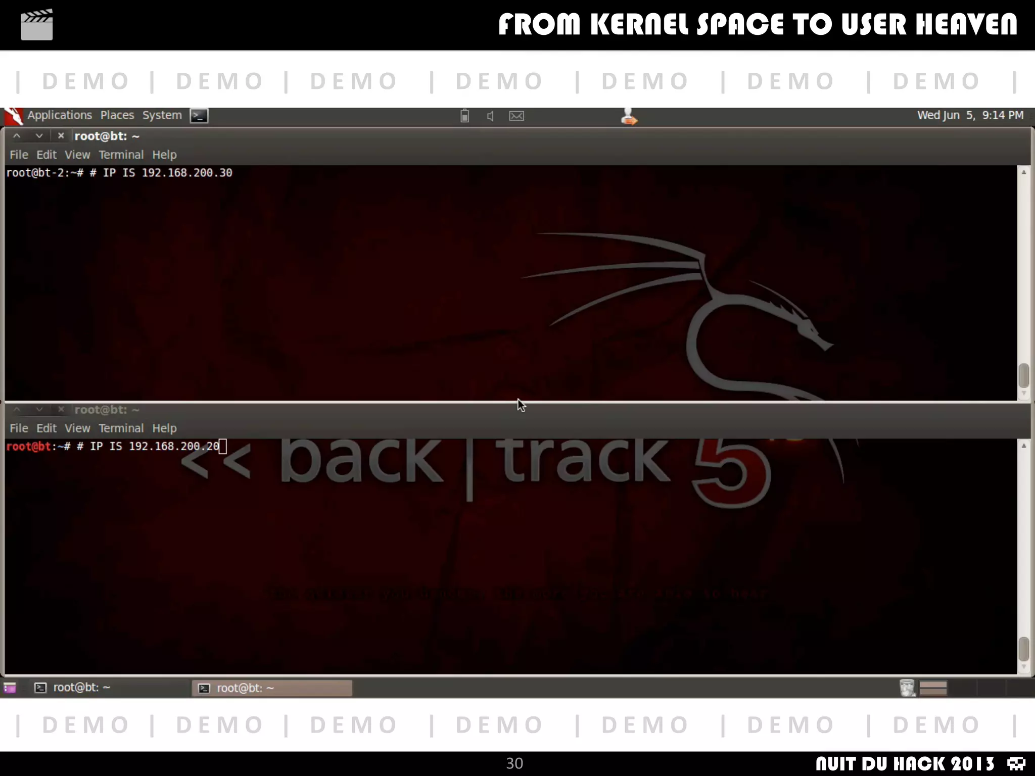 COMMERCIAL	
  ENGINES
This	
  techniques	
  can	
  be	
  used	
  to	
  avoid	
  commercial	
  implementa:ons.	
  We	
  hide	
  our	
  machine,	
  faking	
  
the	
   detector	
   engine	
   and	
   recognizing	
   us	
   like	
   another	
   OS,	
   to	
   alack	
   another	
   host	
   and	
   leading	
  
administrator	
  to	
  think	
  it	
  may	
  be	
  a	
  false	
  posi:ve.
How	
  i	
  met	
  your	
  packetFrom	
  kernel	
  Space	
  to	
  user	
  Heaven
30
How	
  i	
  met	
  your	
  packetFrom	
  kernel	
  Space	
  to	
  user	
  HeavenFROM KERNEL SPACE TO USER HEAVEN
Fingerprint	
  value	
  example:
	
  
key=fp_id;value=100000
key=rna_ﬁngerprint_type_id;value=9
key=rna_ﬁngerprint_descrip:on;value=iPhone
key=rna_ﬁngerprint_vendor_str;value=Apple
key=rna_ﬁngerprint_product_str;value=iOS
key=rna_ﬁngerprint_version_str;value=NULL
key=val1;value=340e4d28c315390d
key=val2;value=fdc5275d1377cce198247ceb93b0cb373bfd648db525a5bded36b1dad001100c2d5b3e26b22b91ec1c044f66d166085
937ba1d34be0fd0afe4ﬀ1acf20c8c970cfcc396e79ddf82b83c365605b2ad726047f872eee9245258bed3b18252dc922834af9b354757b
7590d4093d43b6c5ac81ed57f739c6daef2c1a343a20e191ccf4caebcf3a1e40760c2b8d51ae3375a1931c97824bcc503a4847e9c0fa22f
e666cb1dc115309eb77
key=uuid;value=714e6bc6-­‐991a-­‐445c-­‐bddb-­‐a8b13c23706b
I	
  had	
  no	
  :me	
  to	
  ﬁgure	
  out	
  what	
  each	
  ﬁeld	
  means	
  in	
  all	
  the	
  commercial	
  appliances	
  I’ve	
  seen	
  so	
  far.	
  
I	
  decided	
  to	
  cross	
  the	
  data	
  available	
  with	
  default	
  Nmap	
  and	
  p0f	
  database	
  to	
  get	
  the	
  desired	
  TCP/IP	
  
header	
  values.
NUIT DU HACK 2013
 