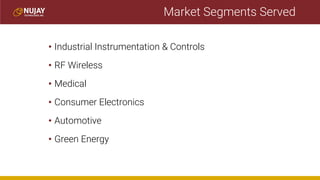Market Segments Served
• Industrial Instrumentation & Controls
• RF Wireless
• Medical
• Consumer Electronics
• Automotive
• Green Energy
 