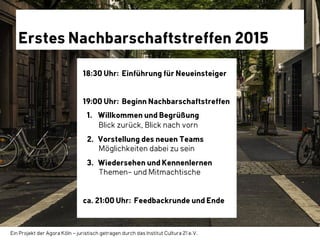 Ein Projekt der Agora Köln – juristisch getragen durch das Institut Cultura 21 e.V.
Erstes Nachbarschaftstreffen 2015
18:3...