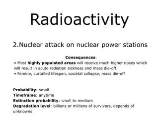 Radioactivity
!
2.Nuclear attack on nuclear power stations
!
Consequences:
• Most highly populated areas will receive much higher doses which
will result in acute radiation sickness and mass die-off
• Famine, curtailed lifespan, societal collapse, mass die-off
!
!
Probability: small
Timeframe: anytime
Extinction probability: small to medium
Degradation level: billions or millions of survivors, depends of
unknowns
 