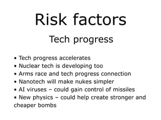 Risk factors
Tech progress
!
• Tech progress accelerates
• Nuclear tech is developing too
• Arms race and tech progress connection
• Nanotech will make nukes simpler
• AI viruses – could gain control of missiles
• New physics – could help create stronger and
cheaper bombs
 