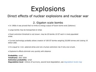 Explosions
Direct effects of nuclear explosions and nuclear war
!
2. Gigaton scale bombs
• In 1960s it was proved that no limits to energy output of fusion bomb exist (Saharov)
!
• Large bombs may be transported on ships
!
• Exact extinction threshold is not known: may be 20 bombs 10 GT each in most populated
areas
!
• Current technology probably allows creation of 100 GT bombs weighing 20,000 tonnes and costing 10
billion USD.
!
• It is equal to 1 km. asteroid strike and not a human extinction risk if only one is built.
!
• Explosion’s effects diminish very quickly with distance
!
Probability: small
Timeframe: after 2050
Extinction probability: small
Degradation level: millions of survivors, second level degradation, see degradation levels map
 