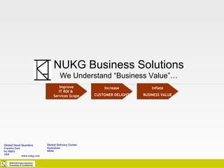 NUKG Business Solutions Proprietary & Confidential Global Head Quarters Franklin Park NJ 08823 USA Global Delivery Center Hyderabad INDIA www.nukg.com NUKG Business Solutions We Understand “Business Value”… Increase CUSTOMER DELIGHT Improve IT ROI &  Services Scope Inflate BUSINESS VALUE 