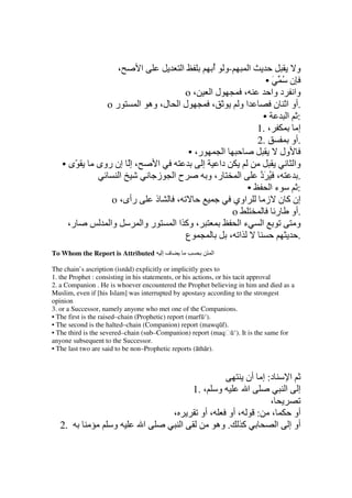 ،     ‫ا‬                    ‫ا‬            ‫-و أ‬
                                                                 ُ               ‫ا‬                ‫و‬
                                                                                        •َ ُ ‫ن‬
                                        o،                       ‫لا‬         ،             ‫وا د وا‬
                   o‫ر‬         ‫ل ا ل، وه ا‬                        ،         ‫او‬              ‫.أو ا ن‬
                                                                                       •      ‫: ا‬
                                                                                     1. ،          ‫إ‬
                                                                                     2.         ‫.أو‬
                                                        • ،‫ر‬         ‫ا‬                       ‫ول‬
   • ‫ّى‬        ‫، إّ إن روى‬             ‫ا‬                    ‫إ‬      ‫دا‬                            ‫وا‬
                    ‫ا‬                  ‫ز‬        ‫حا‬              ‫ر، و‬       ‫ا‬          ‫، ُ َد‬      .
                                                                               •          ‫ءا‬      :
                     o ،‫رأى‬            ‫ذ‬        ،                         ‫اوي‬           ‫إن آ ن ز‬
                                                                          o                ‫.أو ر‬
     ،‫ر‬             ‫وا‬         ‫ر وا‬             ‫، وآ ا ا‬                    ‫ءا‬        ‫ا‬           ‫و‬
                                                    ‫ع‬                    ، ‫ا‬                      .
To Whom the Report is Attributed           ‫فإ‬                    ‫ا‬

The chain’s ascription (isnād) explicitly or implicitly goes to
1. the Prophet : consisting in his statements, or his actions, or his tacit approval
2. a Companion . He is whoever encountered the Prophet believing in him and died as a
Muslim, even if [his Islam] was interrupted by apostasy according to the strongest
opinion
3. or a Successor, namely anyone who met one of the Companions.
• The first is the raised–chain (Prophetic) report (marfū‘).
• The second is the halted–chain (Companion) report (mawqūf).
• The third is the severed–chain (sub–Companion) report (maqḥū‘). It is the same for
anyone subsequent to the Successor.
• The last two are said to be non–Prophetic reports (āthār).



                                                                ‫د: إ أن‬    ‫ا‬
                                                    1. ، ‫و‬       ‫ا‬        ‫إ ا‬
                                                                      ،
                                                ،     ‫، أو ، أو‬    : ،       ‫أو‬
  2.                 ‫و‬             ‫ا‬              ‫ا‬       ‫آ . وه‬        ‫أو إ ا‬
 
