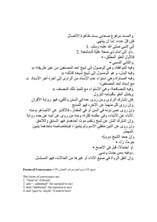 ‫ل‬          ‫ه ةا‬                       ‫ع‬                  ‫.وا‬
                                                                               ‫ن ّ د : إ أن‬
                                                            ‫و ، .1‬                ‫ا‬                ‫إ ا‬
                                                      ‫.2‬      ‫ّ آـ«‬              ‫.«أو إ إ م ذي‬
                                                                           ‫،•‬          ‫ول ا ا‬
                                                                                 ‫•‬           ‫ا‬        ‫:وا‬
       ‫؛‪o‬‬                                         ‫أ ا‬            ‫لإ‬          ‫و ا ا ، وه ا‬
                                   ‫؛‪o‬‬             ‫آ‬                 ‫لإ‬          ‫و ا ل، و ه ا‬
  ‫د ‪o‬‬        ‫ا‬                    ‫اوى إ‬           ‫د ا‬         ‫و ا واة وه ا اء م ا‬
                                                                         ‫؛‬            ‫إ دأ ا‬
                          ‫‪o‬‬                  ‫ا‬     ‫ذ‬           ‫اء‬        ‫، وه ا‬                  ‫.و ا‬
                                                                   ‫ا ول‬                        ‫ا‬       ‫.و‬
      ‫ان‬      ‫روا ا‬           ‫،‬      ‫وا‬               ‫ا‬         ‫. ن رك ا اوى و روى‬
                                                         ‫ا‬    ‫،‬       ‫ا‬                 ‫.وإن روى آ‬
        ‫-و‬            ‫ا‬   ‫آ‬                      ‫أو ا ار،‬              ‫ا‬        ‫دو‬           ‫وإن روى‬
     ‫روا‬             ‫أ‬   ‫روى‬                            ‫آ ة، و‬                ‫ا ء، و‬              ‫.ا ء‬
                  ‫وا‬   ‫ا‬    ‫و‬                    ‫و م تأ ه‬                        ‫.وإن ا ك ا ن‬
                 ‫ه‬                                ‫ا،‬        ‫و‬       ‫ا‬               ‫ا‬        ‫وإن روى‬
                                                                                                        ‫.ا‬
                                                                            ‫وّ‬             ‫ا‬         ‫وإن‬
                                                                                        ‫ً، ر ّ، •‬
                                                                                             ‫ُد‬
                                                                  ‫•‬          ‫ا‬           ‫،‬          ‫.أو ا‬
                                                                              ‫ثو‬              ‫.»و »‬
                  ‫ا‬       ‫ت،‬             ‫ا‬           ‫ه‬     ‫ا داء أو‬               ‫.وإن ا ا واة‬

‫وا داء ‪Forms of Conveyance‬‬           ‫ا‬           ‫و ا‬    ‫ا داء و ا‬

‫:‪The forms of conveyance are‬‬
‫)‪1. “Sami‘tu” (I heard‬‬
‫)‪2. and “ḥaddathanī” (he narrated to me‬‬
‫)‪3. then “akhbaranī” (he reported to me‬‬
‫)‪4. and “qara’tu ‘alayhi” (I read to him‬‬
 