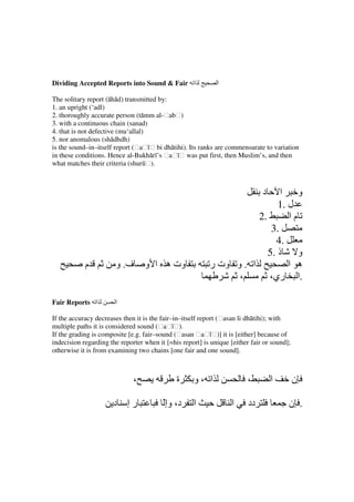 Dividing Accepted Reports into Sound & Fair ‫ا‬                ‫ا‬

The solitary report (āhād) transmitted by:
1. an upright (‘adl)
2. thoroughly accurate person (tāmm al-ḥabḥ)
3. with a continuous chain (sanad)
4. that is not defective (mu‘allal)
5. nor anomalous (shādhdh)
is the sound–in–itself report (ḥaḥīḥ bi dhātihi). Its ranks are commensurate to variation
in these conditions. Hence al-Bukhārī’s ḥaḥīḥ was put first, then Muslim’s, and then
what matches their criteria (shurūḥ).



                                                                            ‫ا‬ ‫د‬  ‫و‬
                                                                           1. ‫ل‬
                                                                     2.       ‫ما‬
                                                                         3.
                                                                          4.
                                                                        5. ‫ذ‬     ‫و‬
            ‫م‬          ‫ف. و‬       ‫وت ه ا و‬                ‫ا . و وت ر‬          ‫ه ا‬
                                                                ،       ،‫.ا ري‬

Fair Reports ‫ا‬         ‫ا‬

If the accuracy decreases then it is the fair–in–itself report (ḥasan li dhātihi); with
multiple paths it is considered sound (ḥaḥīḥ).
If the grading is composite [e.g. fair–sound (ḥasan ḥaḥīḥ)] it is [either] because of
indecision regarding the reporter when it [=his report] is unique [either fair or sound];
otherwise it is from examining two chains [one fair and one sound].



                              ،               ‫ة‬     ‫ا ،و‬                 ،        ‫ا‬         ‫ن‬

                      ‫رإ د‬               ّ‫د، وإ‬     ‫ا‬              ‫ا‬     ‫دد‬             ‫. ن‬
 