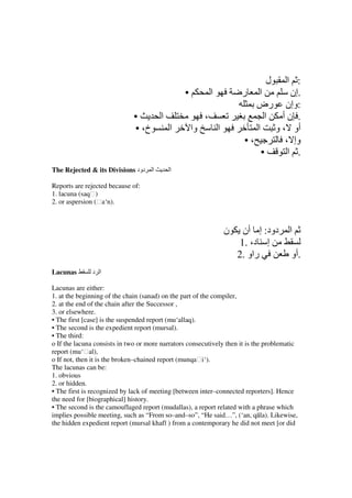 ‫ل‬   ‫: ا‬
                                                •            ‫ا‬            ‫ا ر‬        ‫.إن‬
                                                                              ‫:وإن رض‬
                              •    ‫ا‬                     ،                      ‫ا‬ ‫. نأ‬
                              • ،‫خ‬   ‫ا‬              ‫وا‬           ‫ا‬            ‫أو ، و ا‬
                                                                           •،      ، ‫وإ‬
                                                                               •    ‫. ا‬
The Rejected & its Divisions ‫دود‬    ‫ا‬      ‫ا‬

Reports are rejected because of:
1. lacuna (saqḥ)
2. or aspersion (ḥa‘n).



                                                                     ‫ن‬     ‫دود: إ أن‬   ‫ا‬
                                                                          1. ،‫إ د‬
                                                                         2. ‫راو‬        ‫.أو‬
Lacunas       ‫ا د‬

Lacunas are either:
1. at the beginning of the chain (sanad) on the part of the compiler,
2. at the end of the chain after the Successor ,
3. or elsewhere.
• The first [case] is the suspended report (mu‘allaq).
• The second is the expedient report (mursal).
• The third:
o If the lacuna consists in two or more narrators consecutively then it is the problematic
report (mu‘ḥal),
o If not, then it is the broken–chained report (munqaḥi‘).
The lacunas can be:
1. obvious
2. or hidden.
• The first is recognized by lack of meeting [between inter–connected reporters]. Hence
the need for [biographical] history.
• The second is the camouflaged report (mudallas), a report related with a phrase which
implies possible meeting, such as “From so–and–so”, “He said…”, (‘an, qāla). Likewise,
the hidden expedient report (mursal khafī ) from a contemporary he did not meet [or did
 