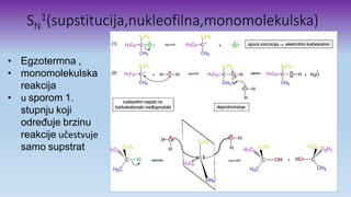 SN
1(supstitucija,nukleofilna,monomolekulska)
• Egzotermna ,
• monomolekulska
reakcija
• u sporom 1.
stupnju koji
određuje brzinu
reakcije učestvuje
samo supstrat
 