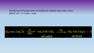 Reaktivnost alil grupe zavisi od stabilnosti radikala koja raste u nizu:
Alil>30 >20 > 10 > CH3. > vinil
 