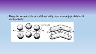 • Dvoguba veza povećava stabilnost alil grupe, a smanjuje stabilnost
vinil radikala
 