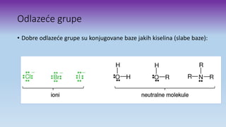 Odlazeće grupe
• Dobre odlazeće grupe su konjugovane baze jakih kiselina (slabe baze):
 