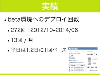 実績
•beta環境へのデプロイ回数
•272回 : 2012/10 2014/06
•13回 / 月
•平日は1,2日に1回ペース
 