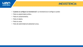 INEXISTENCIA
• Cuándo se configura la inexistencia?: La inexistencia se configura cuando:
• Falta la subjetividad jurídica.
• Falta el consentimiento.
• Falta el objeto.
• Falta la causa.
• Falta de solemnidad ad-substatiam actus.
 