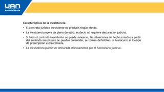Características de la inexistencia:
• El contrato jurídico inexistente no produce ningún efecto.
• La inexistencia opera de pleno derecho, es decir, no requiere declaración judicial.
• Si bien el contrato inexistente no puede sanearse, las situaciones de hecho creadas a partir
del contrato inexistente se pueden consolidar, se tornan definitivas, si transcurre el tiempo
de prescripción extraordinaria.
• La inexistencia puede ser declarada oficiosamente por el funcionario judicial.
 