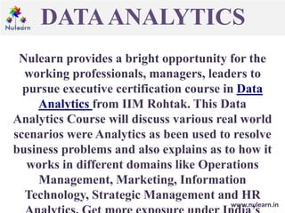 DATAANALYTICS
www.nulearn.in
Nulearn provides a bright opportunity for the
working professionals, managers, leaders to
pursue executive certification course in Data
Analytics from IIM Rohtak. This Data
Analytics Course will discuss various real world
scenarios were Analytics as been used to resolve
business problems and also explains as to how it
works in different domains like Operations
Management, Marketing, Information
Technology, Strategic Management and HR
 