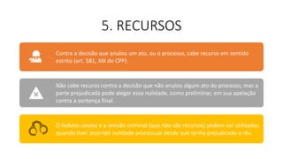 5. RECURSOS
Contra a decisão que anulou um ato, ou o processo, cabe recurso em sentido
estrito (art. 581, XIII do CPP).
Não cabe recurso contra a decisão que não anulou algum ato do processo, mas a
parte prejudicada pode alegar essa nulidade, como preliminar, em sua apelação
contra a sentença final.
O habeas corpus e a revisão criminal (que não são recursos) podem ser utilizados
quando tiver ocorrido nulidade processual desde que tenha prejudicado o réu.
 