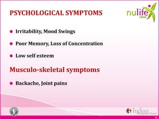 10
PSYCHOLOGICAL SYMPTOMS
Irritability, Mood Swings
Poor Memory, Loss of Concentration
Low self esteem
Musculo-skeletal symptoms
Backache, Joint pains
 
