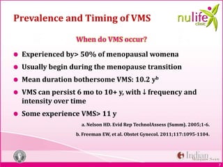 7
Prevalence and Timing of VMS
Experienced by> 50% of menopausal womena
Usually begin during the menopause transition
Mean duration bothersome VMS: 10.2 yb
VMS can persist 6 mo to 10+ y, with ↓ frequency and
intensity over time
Some experience VMS> 11 y
a. Nelson HD. Evid Rep TechnolAssess (Summ). 2005;1-6.
b. Freeman EW, et al. Obstet Gynecol. 2011;117:1095-1104.
7
When do VMS occur?
 