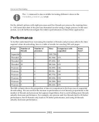 Concurrent Downloading
[ 92 ]
The -h command is also available for testing different values in the
threaded_crawler.py script.
For the default options with eight processes and five threads per process, the running time
is ~1.8X faster than that of the previous threaded crawler using a single process. In the next
section, we will further investigate the relative performances of these three approaches.
Performance
To further understand how increasing the number of threads and processes affects the time
required when downloading, here is a table of results for crawling 500 web pages:
Script Number of
threads
Number of
processes
Time Comparison with
sequential
Errors
Seen?
Sequential 1 1 1349.798s 1 N
Threaded 5 1 361.504s 3.73 N
Threaded 10 1 275.492s 4.9 N
Threaded 20 1 298.168s 4.53 Y
Processes 2 2 726.899s 1.86 N
Processes 2 4 559.93s 2.41 N
Processes 2 8 451.772s 2.99 Y
Processes 5 2 383.438s 3.52 N
Processes 5 4 156.389s 8.63 Y
Processes 5 8 296.610s 4.55 Y
The fifth column shows the proportion of time in comparison to the base case of sequential
downloading. We can see that the increase in performance is not linearly proportional to the
number of threads and processes but appears logarithmic, that is, until adding more threads
actually decreases performance. For example, one process and five threads lead to 4X better
performance, but 10 threads only leads to 5X better performance, and using 20 threads
actually decreases performance.
 