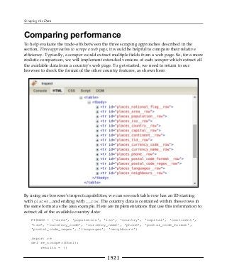 Scraping the Data
[ 52 ]
Comparing performance
To help evaluate the trade-offs between the three scraping approaches described in the
section, Three approaches to scrape a web page, it would be helpful to compare their relative
efficiency. Typically, a scraper would extract multiple fields from a web page. So, for a more
realistic comparison, we will implement extended versions of each scraper which extract all
the available data from a country's web page. To get started, we need to return to our
browser to check the format of the other country features, as shown here:
By using our browser's inspect capabilities, we can see each table row has an ID starting
with places_ and ending with __row. The country data is contained within these rows in
the same format as the area example. Here are implementations that use this information to
extract all of the available country data:
FIELDS = ('area', 'population', 'iso', 'country', 'capital', 'continent',
'tld', 'currency_code', 'currency_name', 'phone', 'postal_code_format',
'postal_code_regex', 'languages', 'neighbours')
import re
def re_scraper(html):
results = {}
 