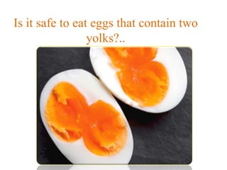 Double yolk eggs are safe to eat and
are usually longer and larger than
eggs with a single yolk. When
thinking about the n...