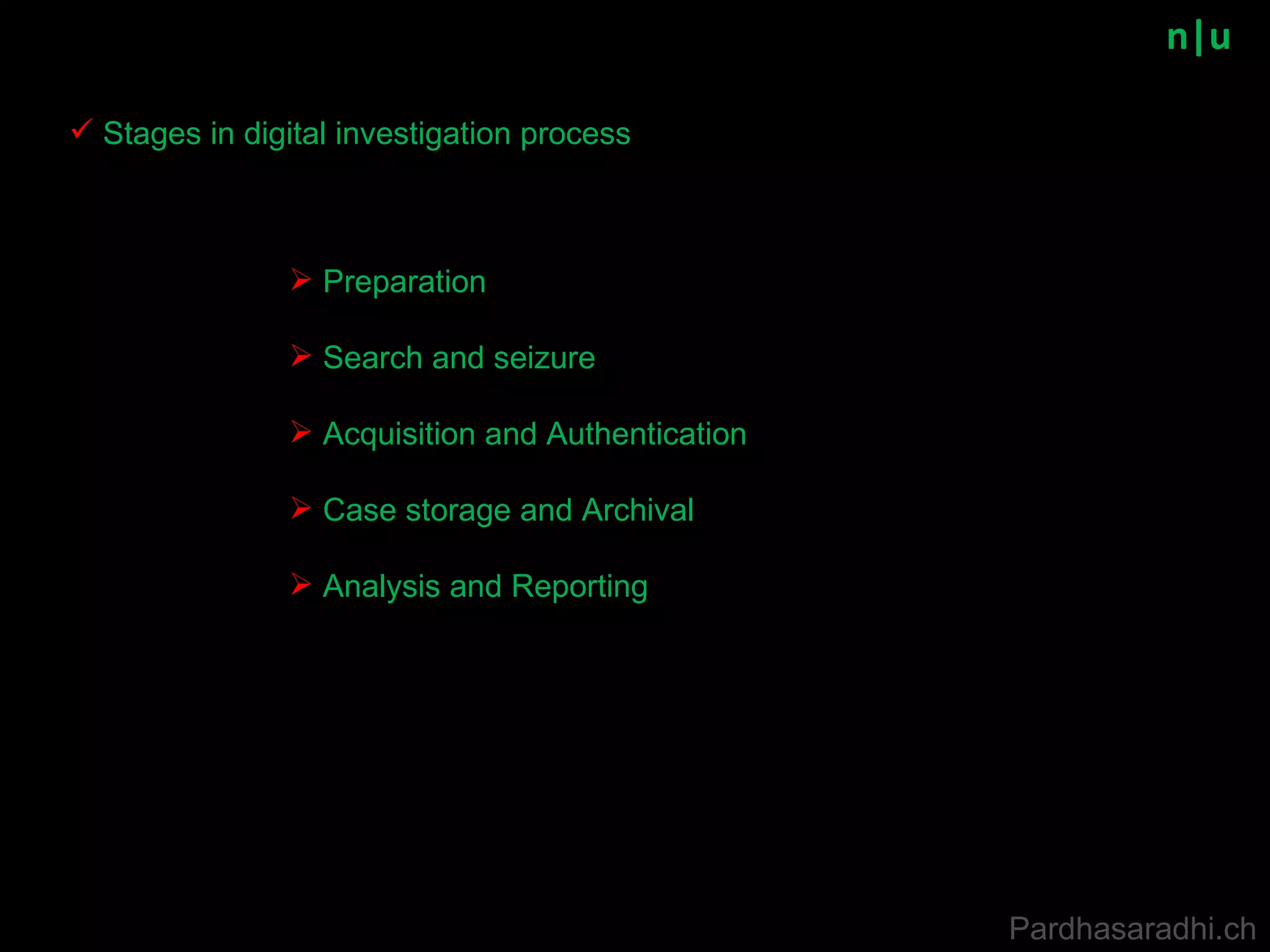 n|u Preparation Search and seizure Acquisition and Authentication Case storage and Archival  Analysis and Reporting Stages in digital investigation process Pardhasaradhi.ch 