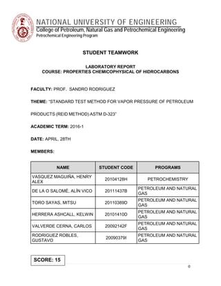 0
STUDENT TEAMWORK
LABORATORY REPORT
COURSE: PROPERTIES CHEMICOPHYSICAL OF HIDROCARBONS
FACULTY: PROF. SANDRO RODRIGUEZ
THEME: “STANDARD TEST METHOD FOR VAPOR PRESSURE OF PETROLEUM
PRODUCTS (REID METHOD) ASTM D-323”
ACADEMIC TERM: 2016-1
DATE: APRIL, 28TH
MEMBERS:
NAME STUDENT CODE PROGRAMS
VASQUEZ MAGUIÑA, HENRY
ALEX
20104128H PETROCHEMISTRY
DE LA O SALOMÉ, ALÍN VICO 20111437B
PETROLEUM AND NATURAL
GAS
TORO SAYAS, MITSU 20110389D
PETROLEUM AND NATURAL
GAS
HERRERA ASHCALL, KELWIN 20101410D
PETROLEUM AND NATURAL
GAS
VALVERDE CERNA, CARLOS 20092142F
PETROLEUM AND NATURAL
GAS
RODRIGUEZ ROBLES,
GUSTAVO
20090379I
PETROLEUM AND NATURAL
GAS
SCORE: 15
NATIONAL UNIVERSITY OF ENGINEERING
College of Petroleum, Natural Gas and Petrochemical Engineering
Petrochemical Engineering Program
 