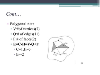 Cont…
• Polygonal net:
▫ V:#of vertices(7)
▫ Q:# of edges(11)
▫ F:# of faces(2)
▫ E=C-H=V-Q+F
 C=1,H=3
 E=-2
 