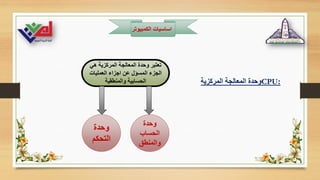 ‫الكمبيوت‬ ‫اساسيات‬
‫ر‬
‫المركزية‬ ‫المعالجة‬ ‫وحدة‬CPU:
‫هي‬ ‫المركزية‬ ‫المعالجة‬ ‫وحدة‬ ‫تعتبر‬
‫العمليات‬ ‫اجزاء‬ ‫عن‬ ‫المسؤل‬ ‫الجزء‬
‫والمنطقية‬ ‫الحسابية‬
‫وحدة‬
‫الحساب‬
‫والمنطق‬
‫وحدة‬
‫التحكم‬
 