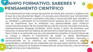 13
Es fundamental en este campo aprovechar el interés por conocer y explorar con
el que las y los estudiantes llegan a la escuela, para favorecer que comprendan
acerca de los fenómenos y procesos naturales y socioculturales que suceden a
su alrededor y participen en la transformación positiva de su comunidad. Por
ello es importante que se enfaticen sus oportunidades para construir
conocimientos propios de las matemáticas y de las ciencias naturales (nociones,
representaciones, lenguaje simbólico, entre otros), a partir de procesos que
favorecen el desarrollo de hábitos de pensamiento sistemáticos y autónomos.
Para la fase 3, se pretende que las y los estudiantes amplíen el conocimiento de
su cuerpo y valoren la importancia de cuidar su salud; identifiquen
características y regularidades de los fenómenos y procesos naturales y
socioculturales en su entorno; así también, que reconozcan algunas
propiedades y cambios de los materiales con los que están hechos los objetos.
De manera conjunta se favorece el desarrollo de conocimientos y herramientas
de las ciencias y las matemáticas.
CAMPO FORMATIVO. SABERES Y
PENSAMIENTO CIENTÍFICO
 
