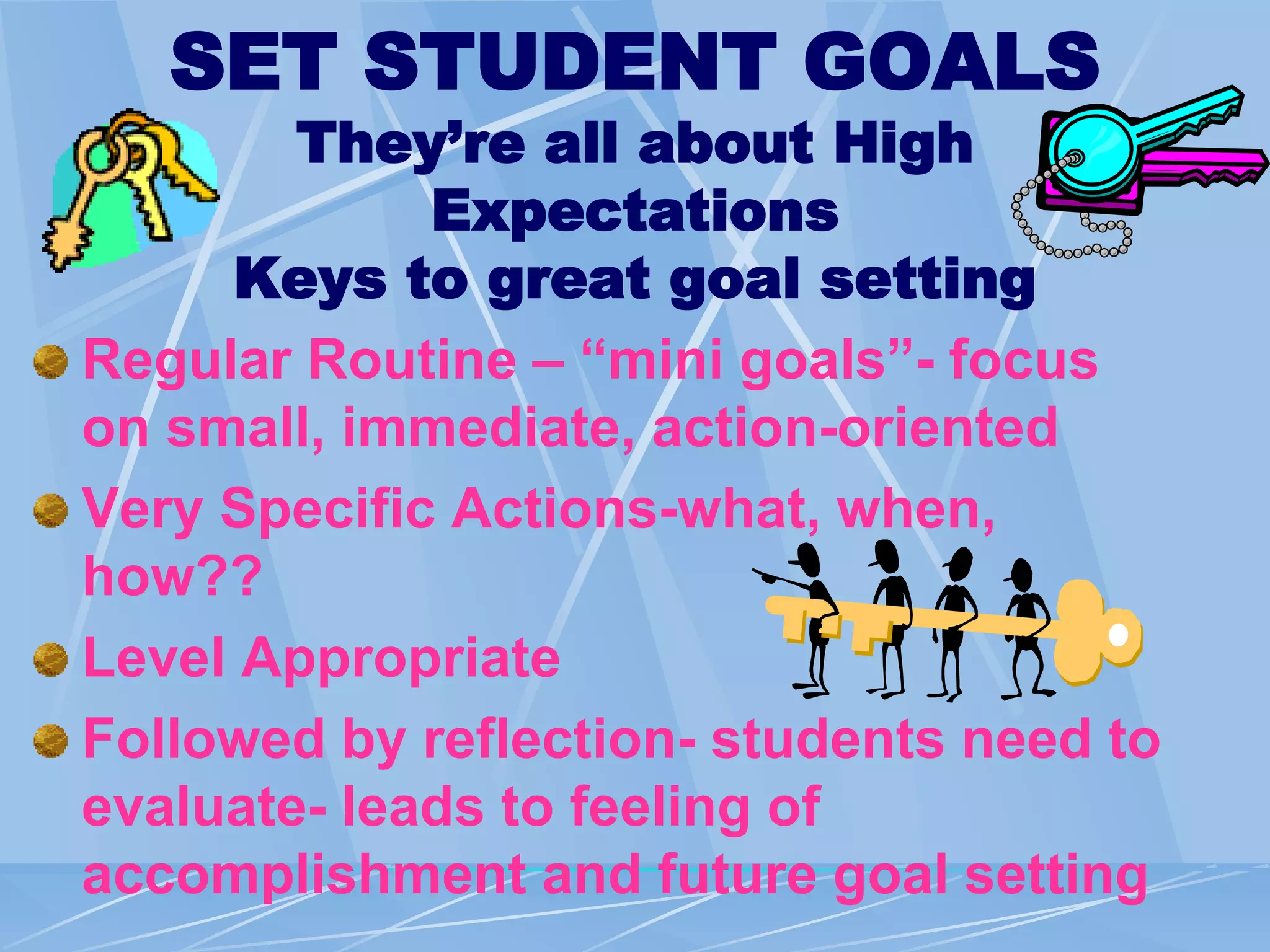 SET STUDENT GOALS
They’re all about High
Expectations
Keys to great goal setting
Regular Routine – “mini goals”- focus
on small, immediate, action-oriented
Very Specific Actions-what, when,
how??
Level Appropriate
Followed by reflection- students need to
evaluate- leads to feeling of
accomplishment and future goal setting
 