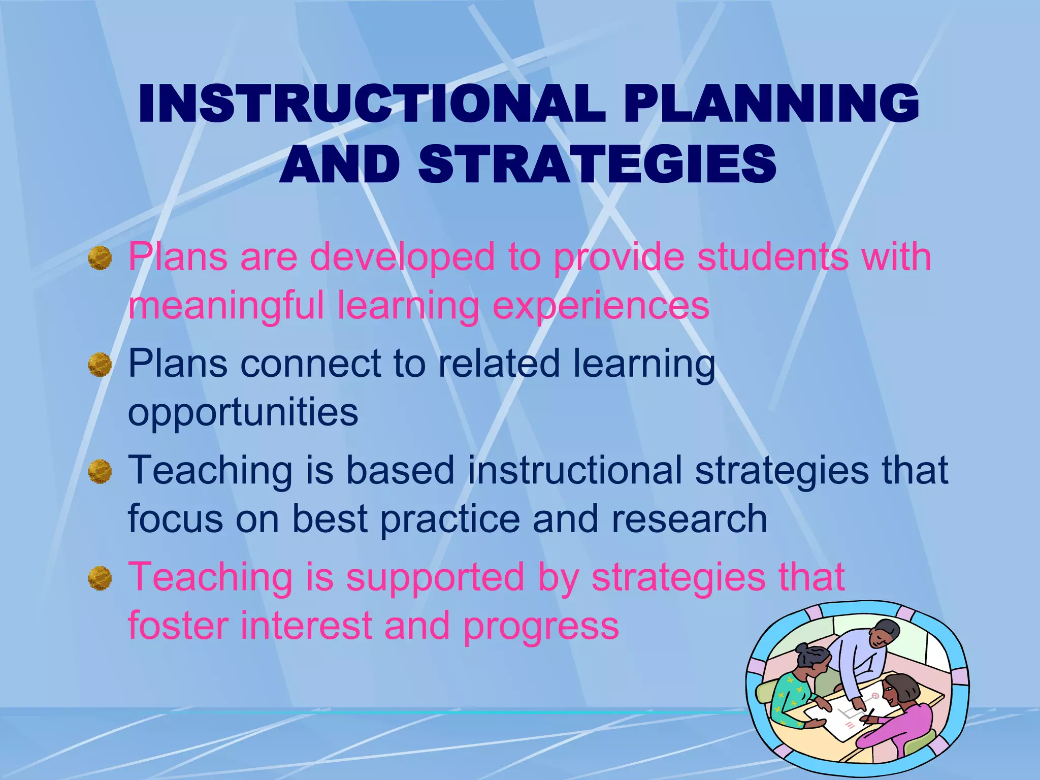 INSTRUCTIONAL PLANNING
AND STRATEGIES
Plans are developed to provide students with
meaningful learning experiences
Plans connect to related learning
opportunities
Teaching is based instructional strategies that
focus on best practice and research
Teaching is supported by strategies that
foster interest and progress
 