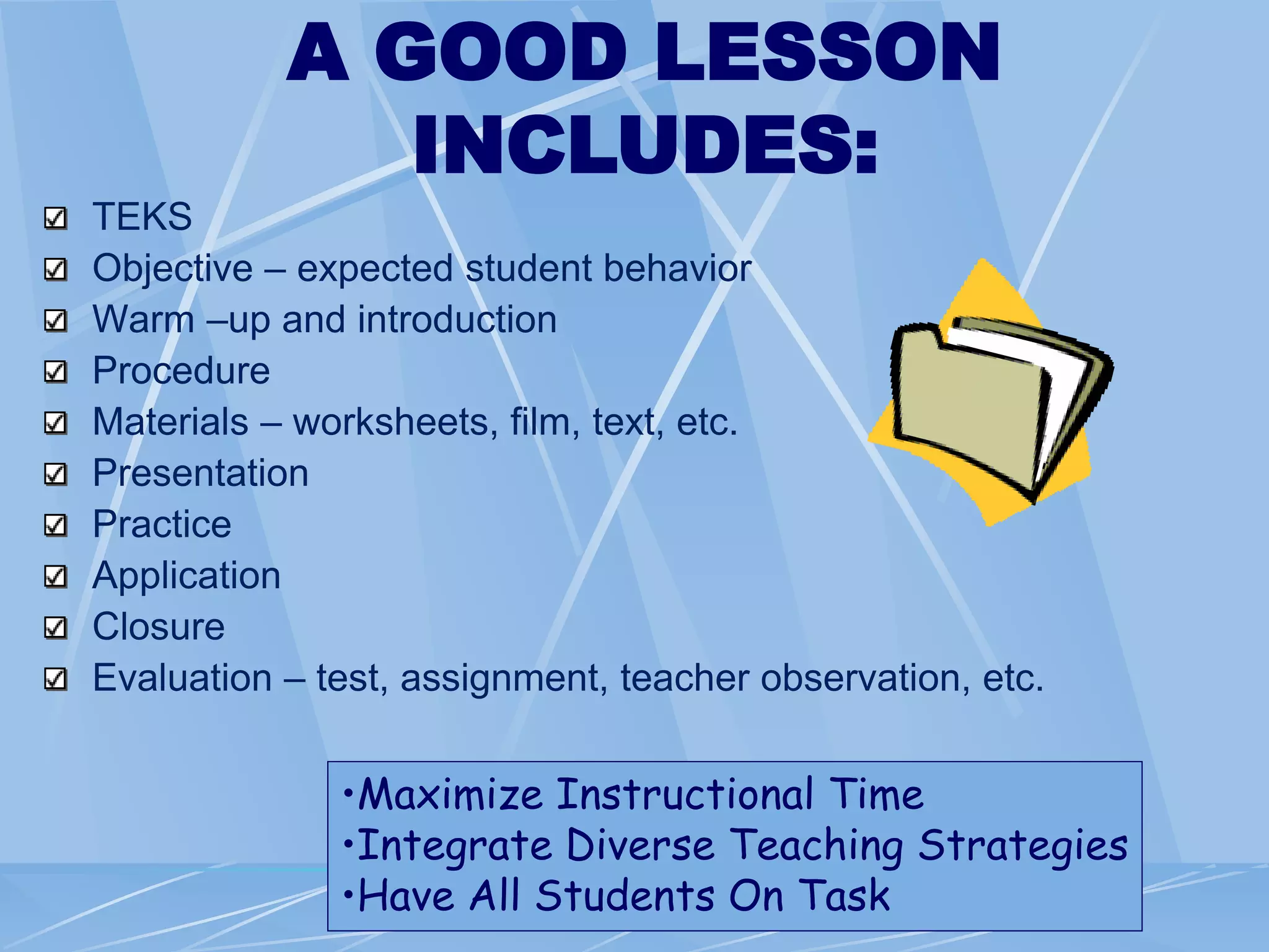 TEKS
Objective – expected student behavior
Warm –up and introduction
Procedure
Materials – worksheets, film, text, etc.
Presentation
Practice
Application
Closure
Evaluation – test, assignment, teacher observation, etc.
•Maximize Instructional Time
•Integrate Diverse Teaching Strategies
•Have All Students On Task
A GOOD LESSON
INCLUDES:
 