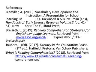 References
Biemiller, A. (2006). Vocabulary Development and
Instruction: A Prerequisite for School
learning. In D.K. Dickinson & S.B. Neuman (Eds),
Handbook of Early Literacy Research Volume 2 (pp. 41-
51). New York: The Guilford Press.
Breiseth, L. (2019). Reading Comprehension Strategies for
English Language Learners. Retrieved from
www.ascd.org/ascd- express/vol5/511-
breiseth.aspx
Joubert, I. (Ed). (2017). Literacy in the Foundation Phase.
(2nd ed.). Hatfield, Pretoria: Van Schaik Publishers.
What is Reading Comprehension? (2018). Retrieved from
https://www.k12reader.com/what-is-reading-
comprehension/
 