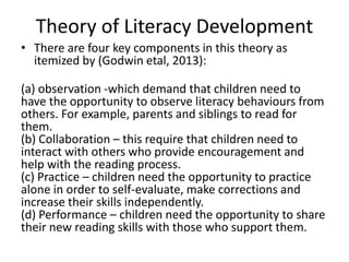 Theory of Literacy Development
• There are four key components in this theory as
itemized by (Godwin etal, 2013):
(a) observation -which demand that children need to
have the opportunity to observe literacy behaviours from
others. For example, parents and siblings to read for
them.
(b) Collaboration – this require that children need to
interact with others who provide encouragement and
help with the reading process.
(c) Practice – children need the opportunity to practice
alone in order to self-evaluate, make corrections and
increase their skills independently.
(d) Performance – children need the opportunity to share
their new reading skills with those who support them.
 