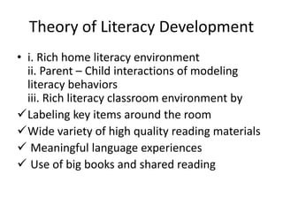 Theory of Literacy Development
• i. Rich home literacy environment
ii. Parent – Child interactions of modeling
literacy behaviors
iii. Rich literacy classroom environment by
Labeling key items around the room
Wide variety of high quality reading materials
 Meaningful language experiences
 Use of big books and shared reading
 