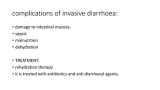 complications of invasive diarrhoea:
• damage to intestinal mucosa.
• sepsis
• malnutrtion
• dehydration
• TREATMENT:
• rehydration therapy
• it is treated with antibiotics and anti diarrhoeal agents.
 