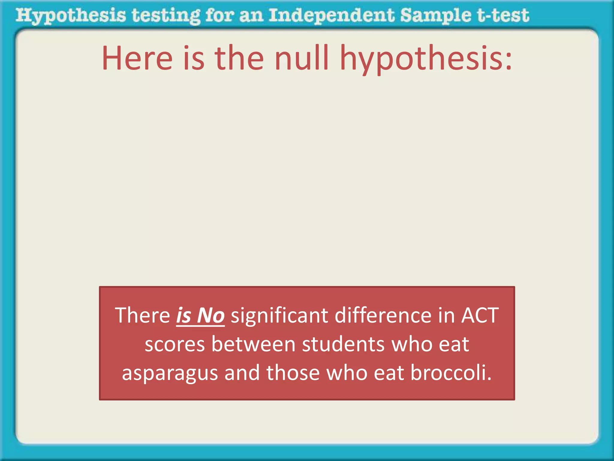 Here is the null hypothesis: 
There is No significant difference in ACT 
scores between students who eat 
asparagus and those who eat broccoli. 
 