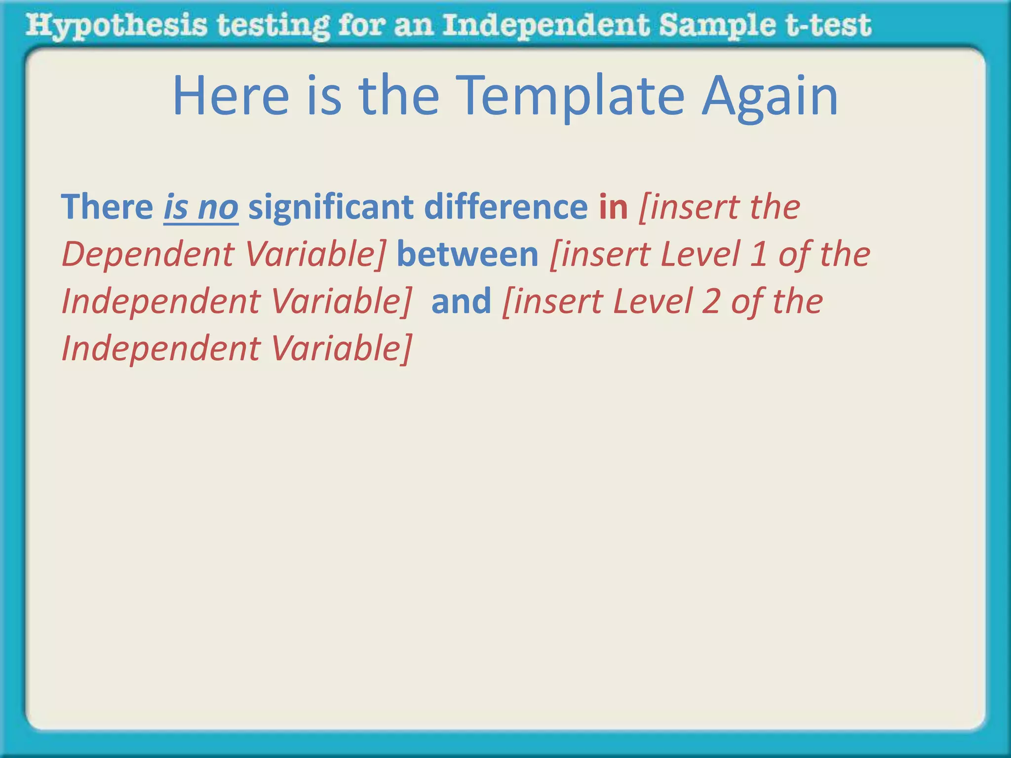 Here is the Template Again 
There is no significant difference in [insert the 
Dependent Variable] between [insert Level 1 of the 
Independent Variable] and [insert Level 2 of the 
Independent Variable] 
