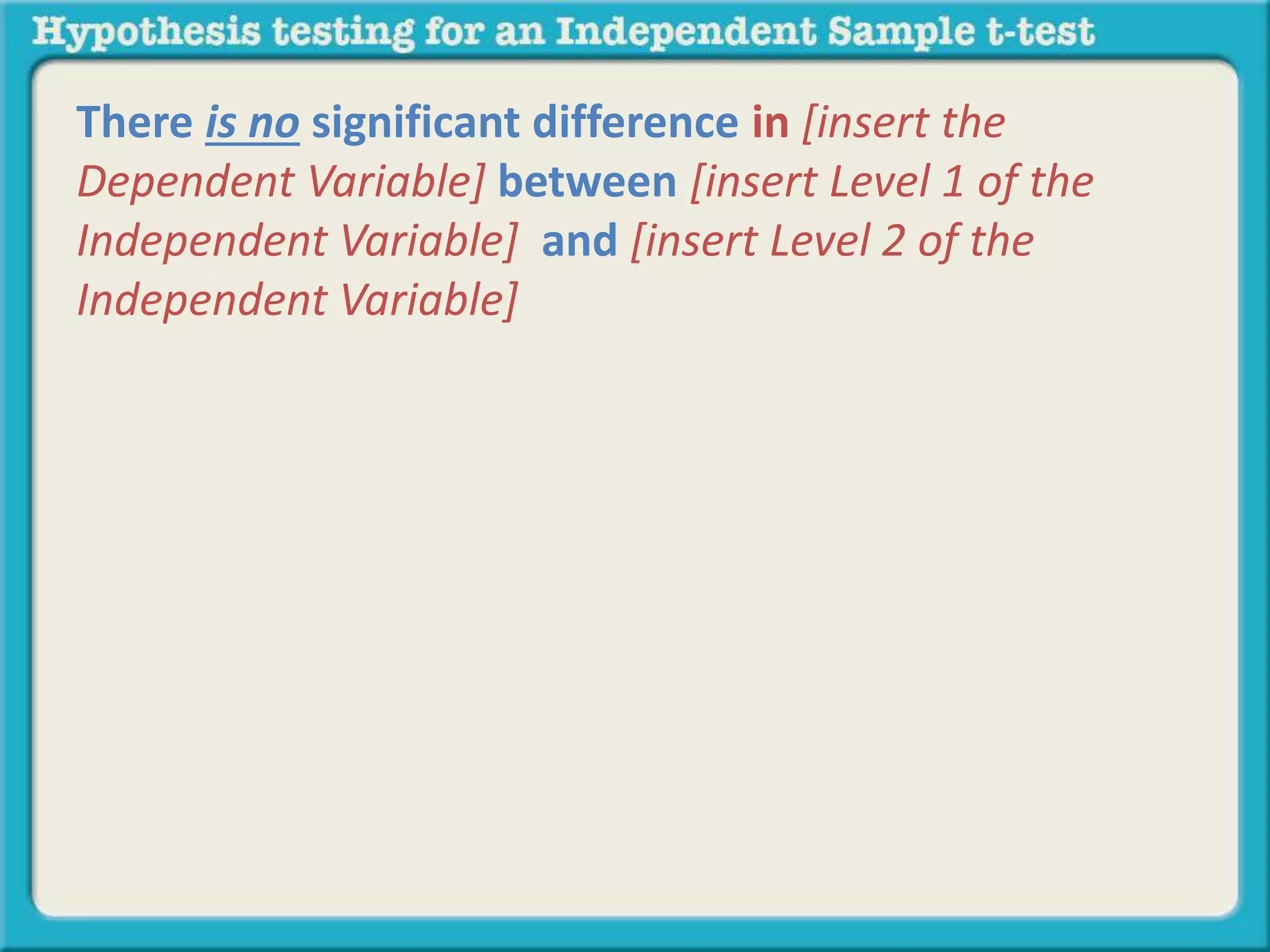 There is no significant difference in [insert the 
Dependent Variable] between [insert Level 1 of the 
Independent Variable] and [insert Level 2 of the 
Independent Variable] 
 