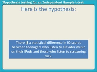 Here is the hypothesis: 
There IS a statistical difference in IQ scores 
between teenagers who listen to elevator music 
on their iPods and those who listen to screaming 
rock. 
 