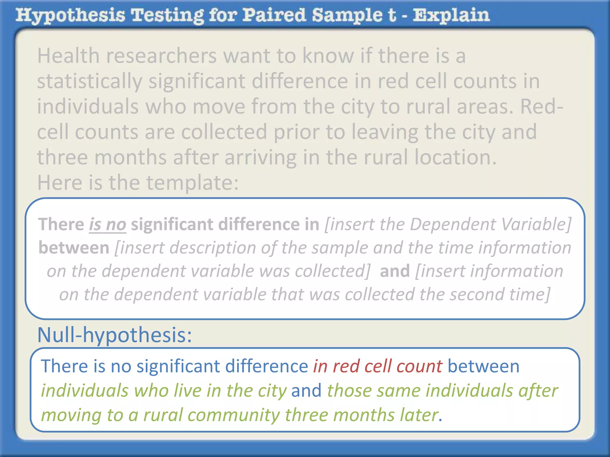 Health researchers want to know if there is a 
statistically significant difference in red cell counts in 
individuals who move from the city to rural areas. Red-cell 
counts are collected prior to leaving the city and 
three months after arriving in the rural location. 
Here is the template: 
There is no significant difference in [insert the Dependent Variable] 
between [insert description of the sample and the time information 
on the dependent variable was collected] and [insert information 
on the dependent variable that was collected the second time] 
Null-hypothesis: 
There is no significant difference in red cell count between 
individuals who live in the city and those same individuals after 
moving to a rural community three months later. 
 