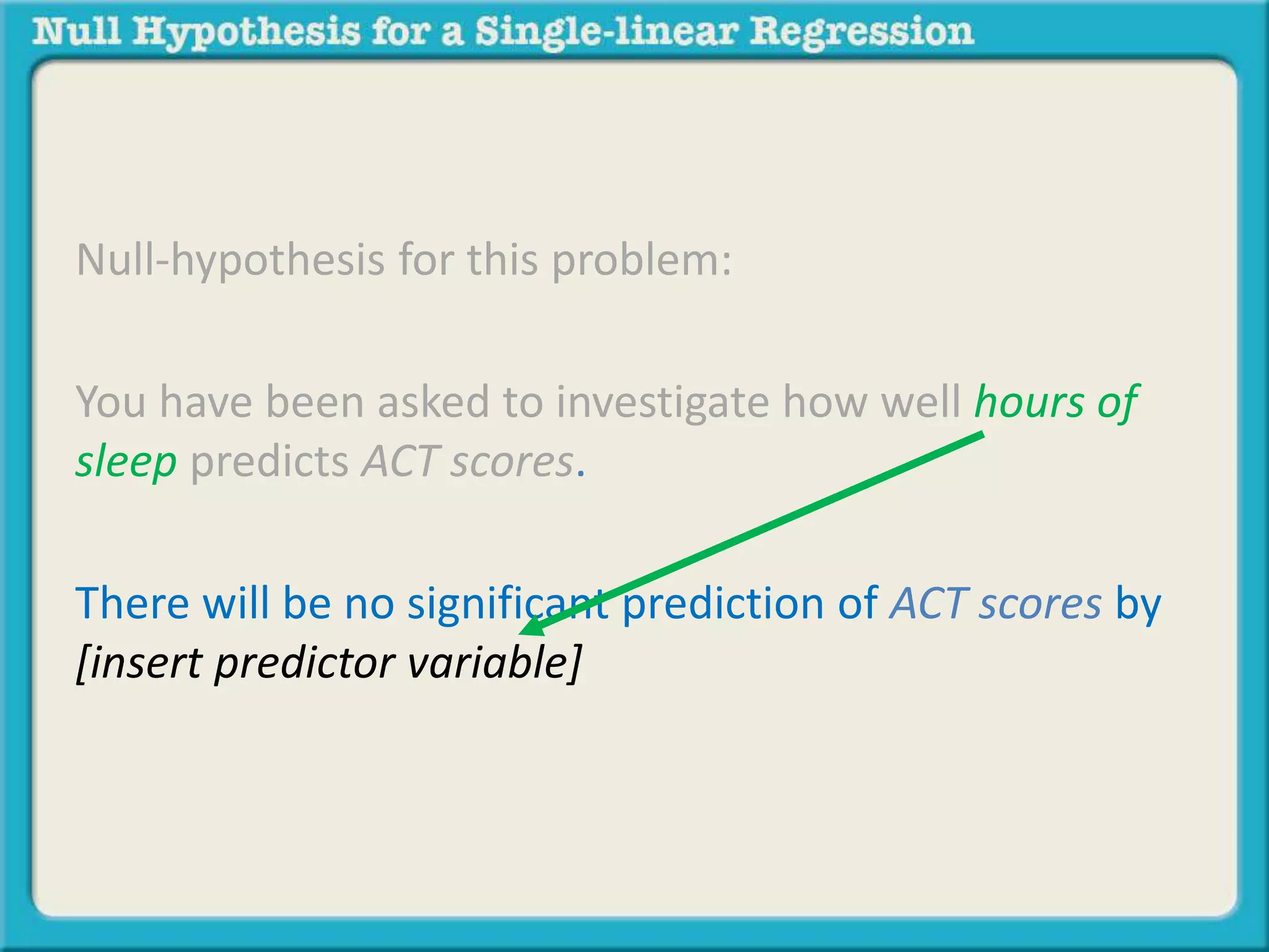Null-hypothesis for this problem:
You have been asked to investigate how well hours of
sleep predicts ACT scores.
There will be no significant prediction of ACT scores by
[insert predictor variable]
 