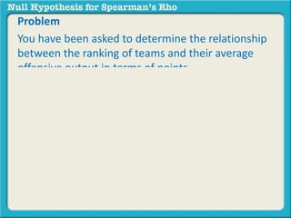 Problem 
You have been asked to determine the relationship 
between the ranking of teams and their average 
offensive output in terms of points. 
Template for a Spearman's Rho Null-Hypothesis 
There is no statistically significant relationship between 
the [insert variable] and [insert variable]. 
Null-hypothesis for this Problem 
There is no statistically significant relationship between 
the [insert variable] and [insert variable]. 
 
