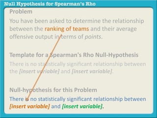 Problem 
You have been asked to determine the relationship 
between the ranking of teams and their average 
offensive output in terms of points. 
Template for a Spearman's Rho Null-Hypothesis 
There is no statistically significant relationship between 
the [insert variable] and [insert variable]. 
Null-hypothesis for this Problem 
There is no statistically significant relationship between 
[insert variable] and [insert variable]. 
 