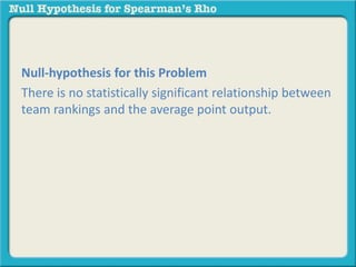 Null-hypothesis for this Problem 
There is no statistically significant relationship between 
team rankings and the average point output. 
 