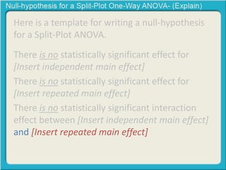 Here is a template for writing a null-hypothesis 
for a Split-Plot ANOVA. 
There is no statistically significant effect for 
[Insert independent main effect] 
There is no statistically significant effect for 
[Insert repeated main effect] 
There is no statistically significant interaction 
effect between [Insert independent main effect] 
and [Insert repeated main effect] 
 