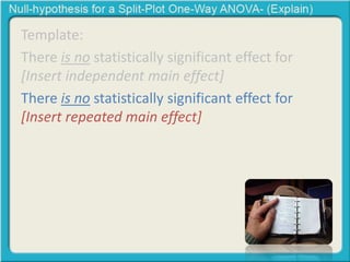 Template: 
There is no statistically significant effect for 
[Insert independent main effect] 
There is no statistically significant effect for 
[Insert repeated main effect] 
 