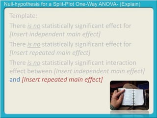 Template: 
There is no statistically significant effect for 
[Insert independent main effect] 
There is no statistically significant effect for 
[Insert repeated main effect] 
There is no statistically significant interaction 
effect between [Insert independent main effect] 
and [Insert repeated main effect] 
 