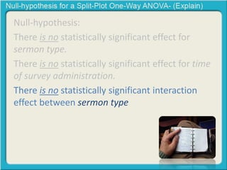 Null-hypothesis: 
There is no statistically significant effect for 
sermon type. 
There is no statistically significant effect for time 
of survey administration. 
There is no statistically significant interaction 
effect between sermon type 
 